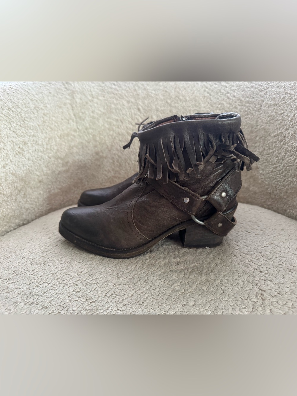 AllSaints Bonnie Womens 6 EU 37 Brown Leather Ankle Boots Fringe Harness Moto